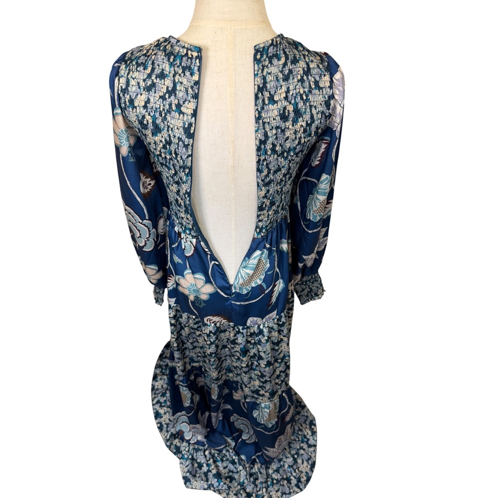 Tuckernuck Blue Floral Smocked Bodice Tiered Maxi Dress Long Sleeve XS - Picture 7 of 9